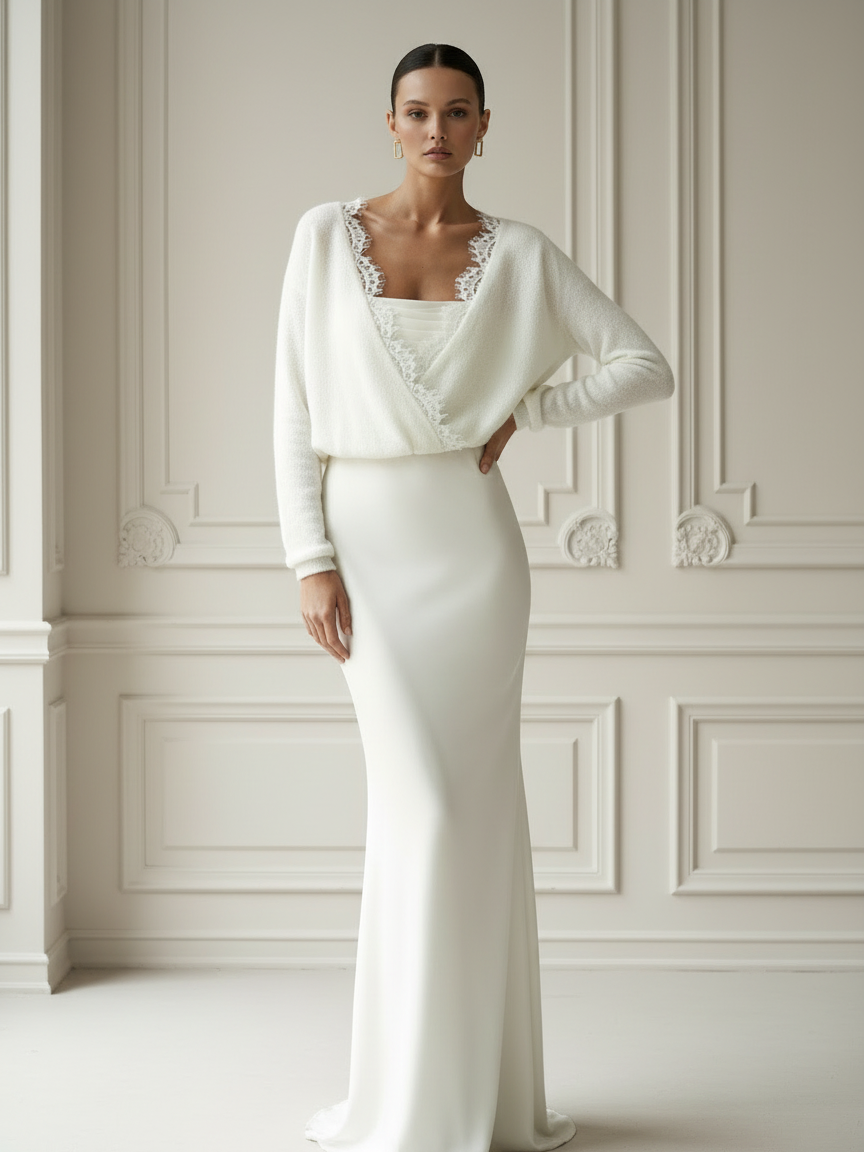 Bridal Knit Top Ivory Mohair Convertible Wedding Cover Up Lace Open Back Layer