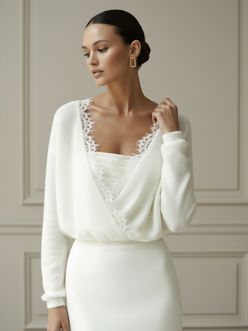 Bridal Knit Top Ivory Mohair Convertible Wedding Cover Up Lace Open Back Layer