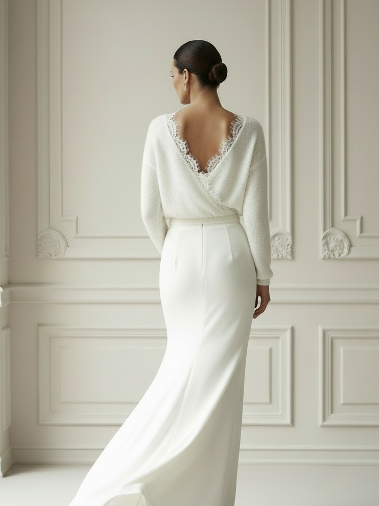 Bridal Knit Top Ivory Mohair Convertible Wedding Cover Up Lace Open Back Layer