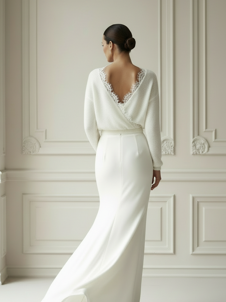 Bridal Knit Top Ivory Mohair Convertible Wedding Cover Up Lace Open Back Layer