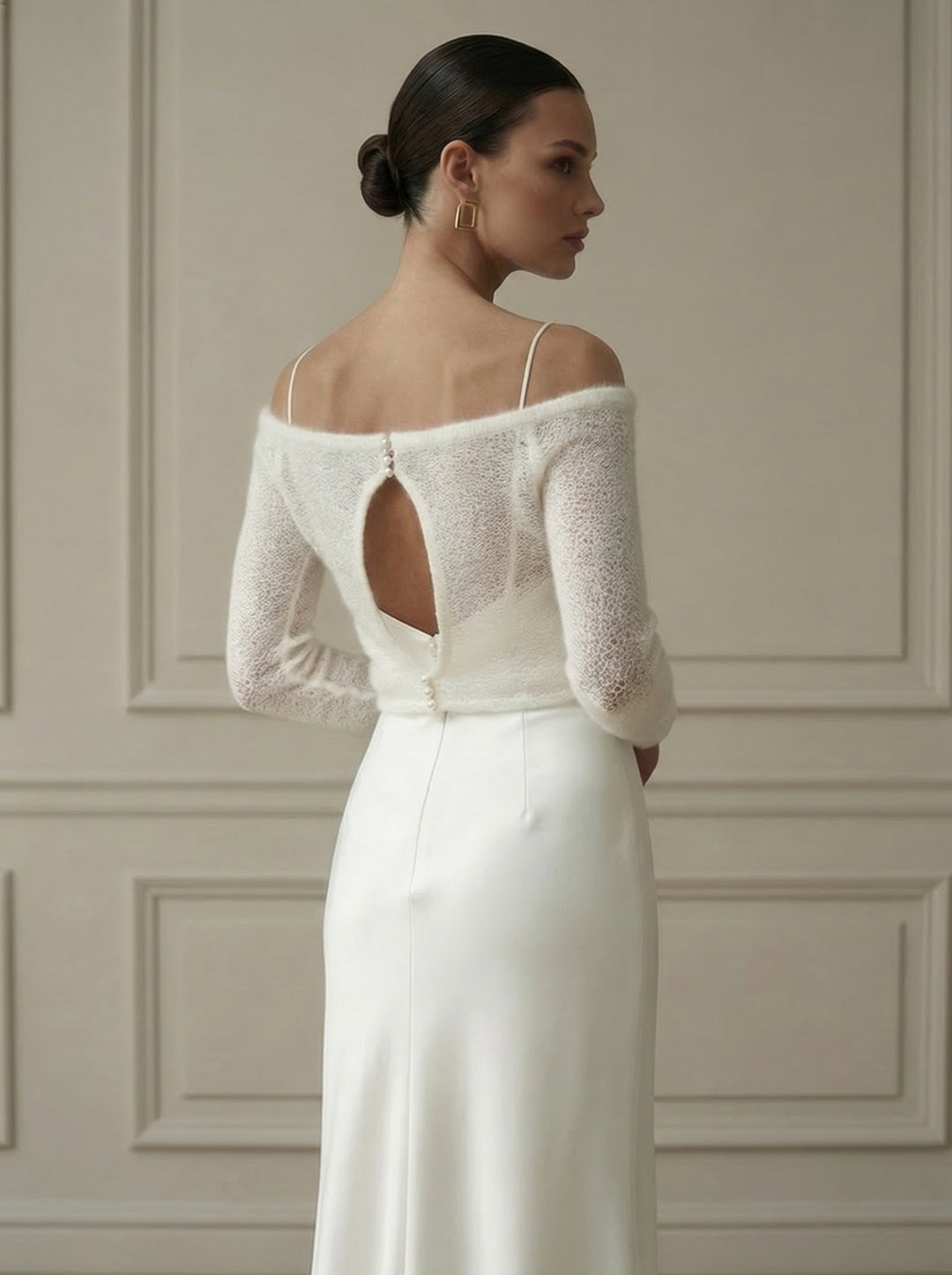Bridal off shoulder layer long sleeve bolero wedding dress overlay ivory topper