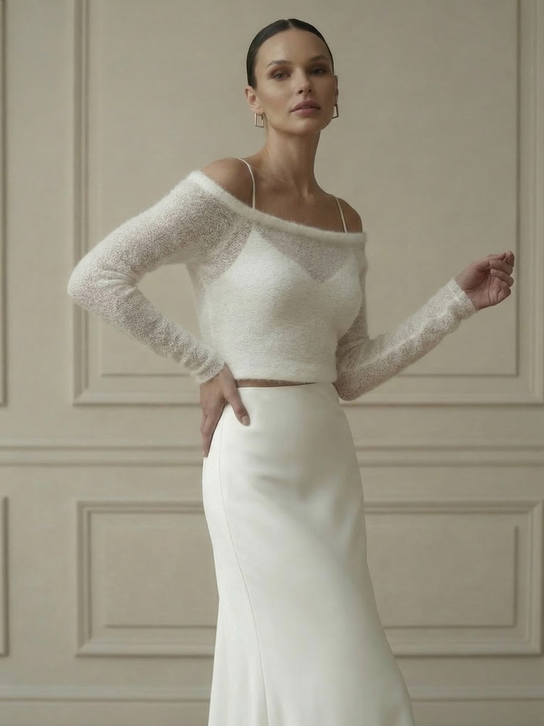 Bridal off shoulder layer long sleeve bolero wedding dress overlay ivory topper