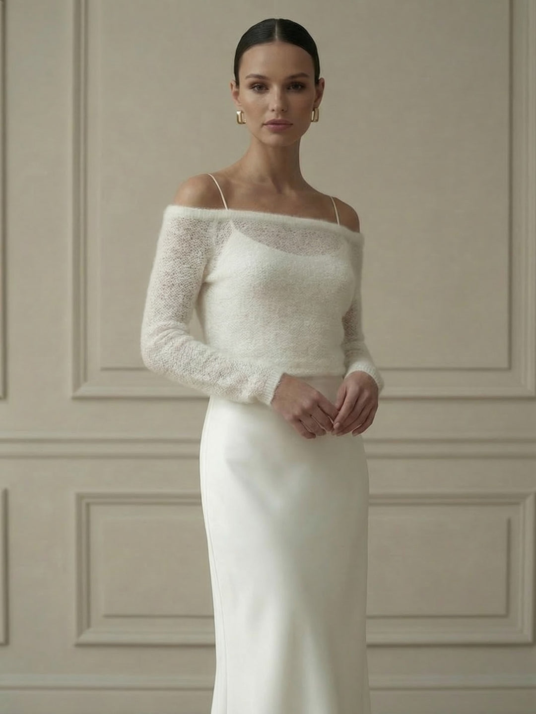 Bridal off shoulder layer long sleeve bolero wedding dress overlay ivory topper