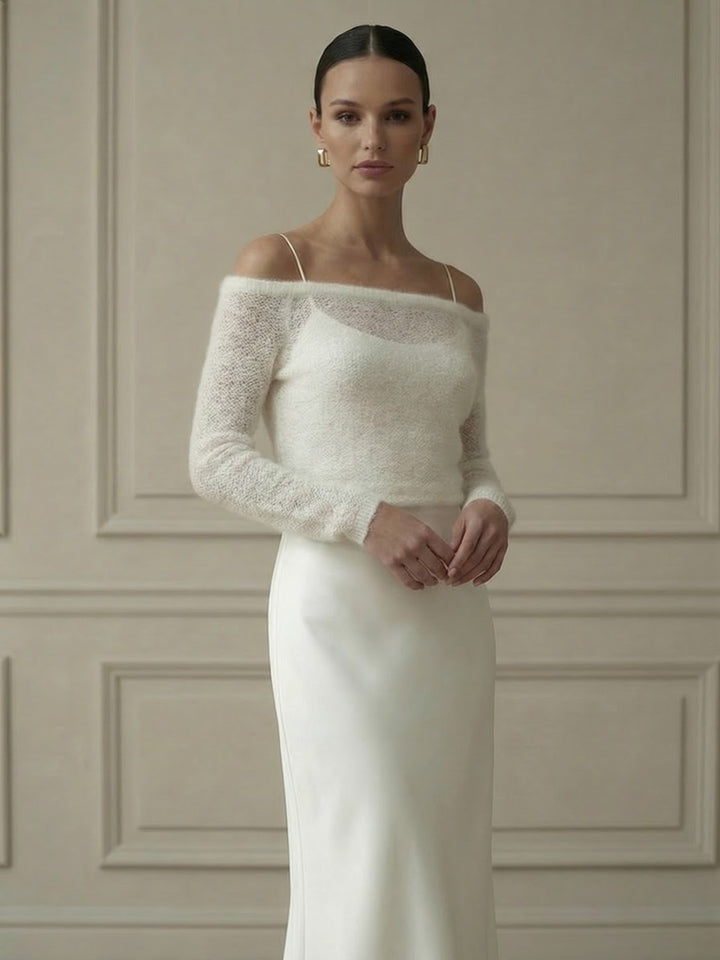 Bridal off shoulder layer long sleeve bolero wedding dress overlay ivory topper