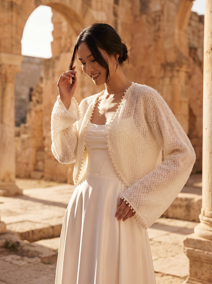 Pearl Wedding Topper Ivory Bridal Cardigan Wool Cover Up for Gown