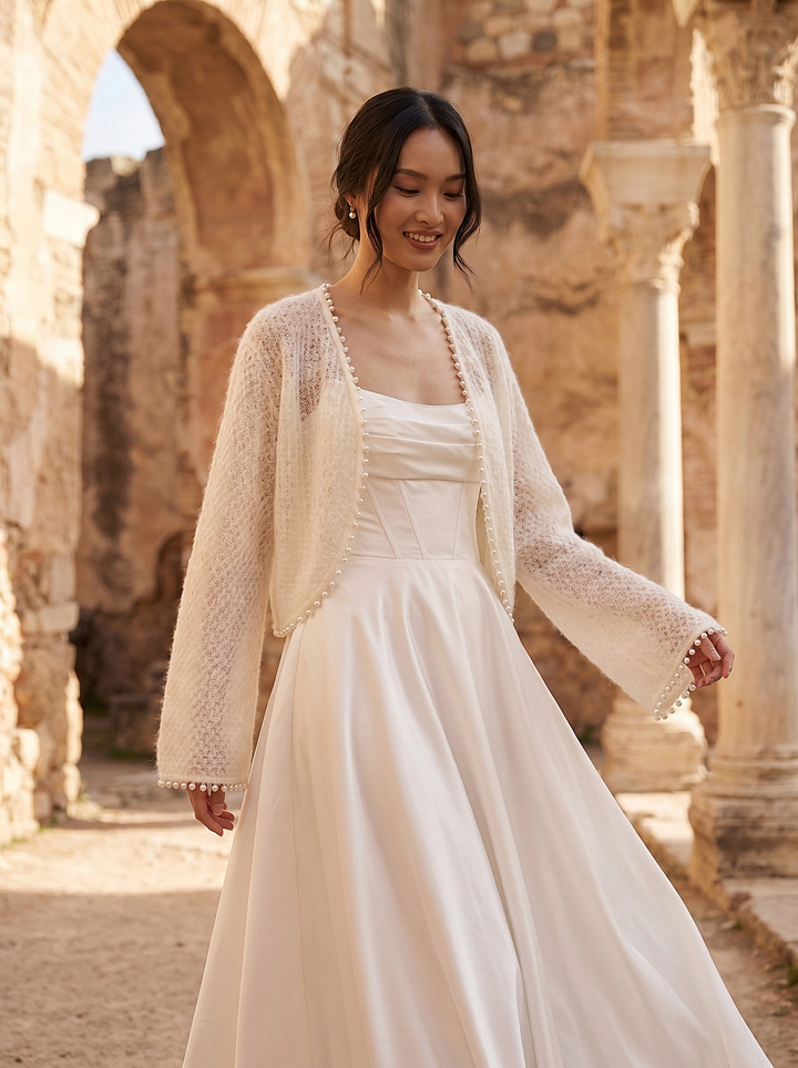 Pearl Wedding Topper Ivory Bridal Cardigan Wool Cover Up for Gown