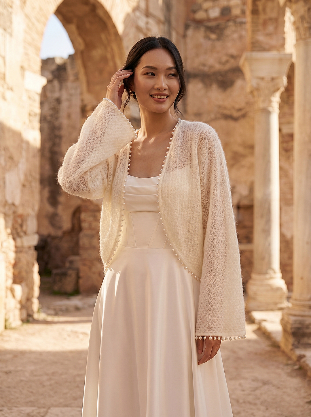 Pearl Wedding Topper Ivory Bridal Cardigan Wool Cover Up for Gown