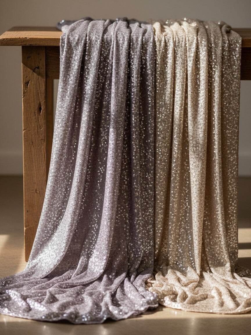 Close-up of shimmering lavender sequin fabric used on the bridal clutch