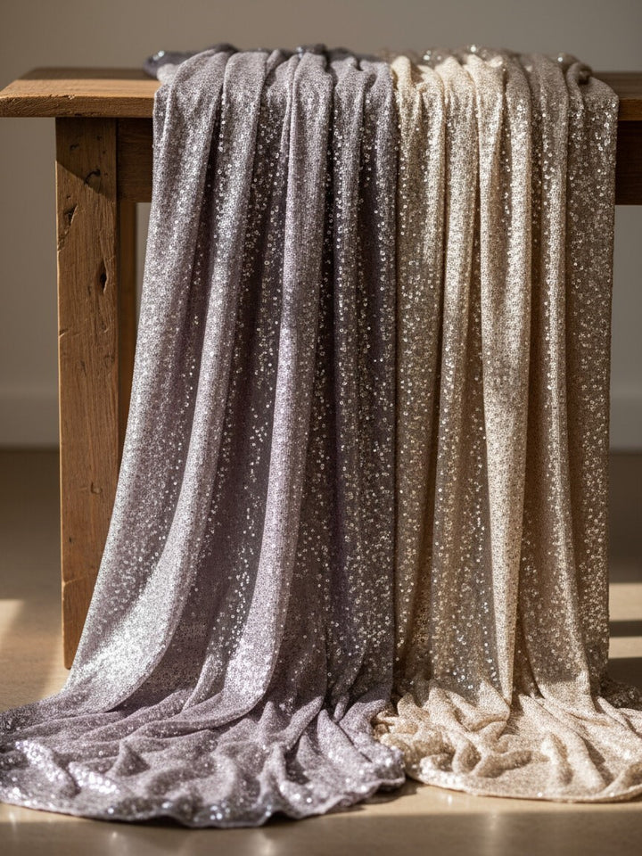 Close-up of shimmering lavender sequin fabric used on the bridal clutch