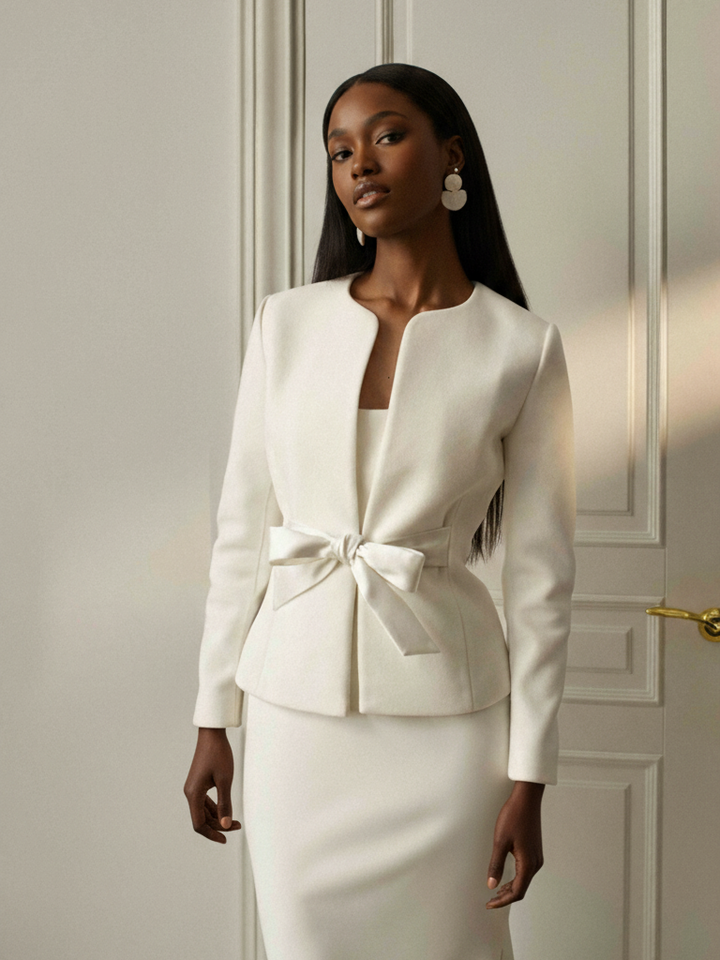 Cashmere bridal blazer white jacket with belt long sleeve wedding cover up