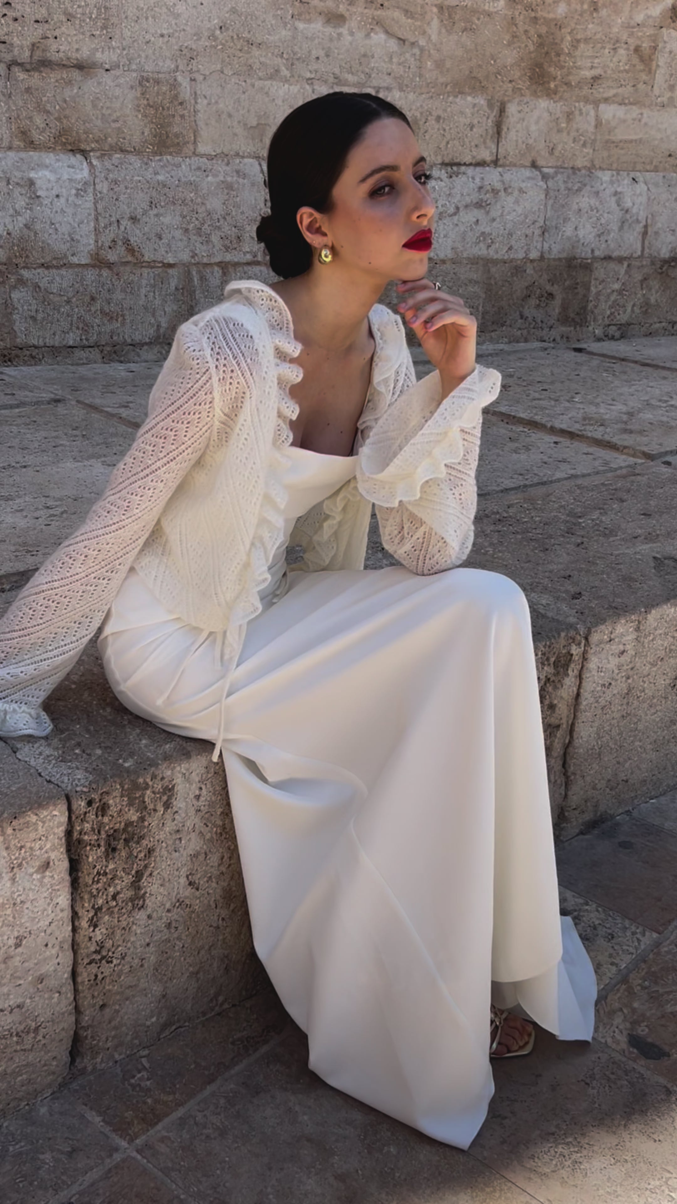 Elegant cropped bridal cardigan with long bell sleeves