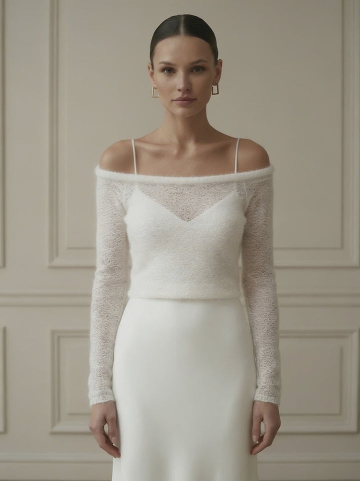 Bridal off shoulder layer long sleeve bolero wedding dress overlay ivory topper