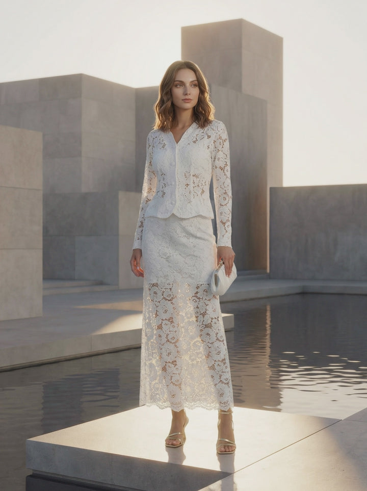 White Bridal Skirt and Jacket Set Bride Separates Two Piece Floral Lace Bridal Suit