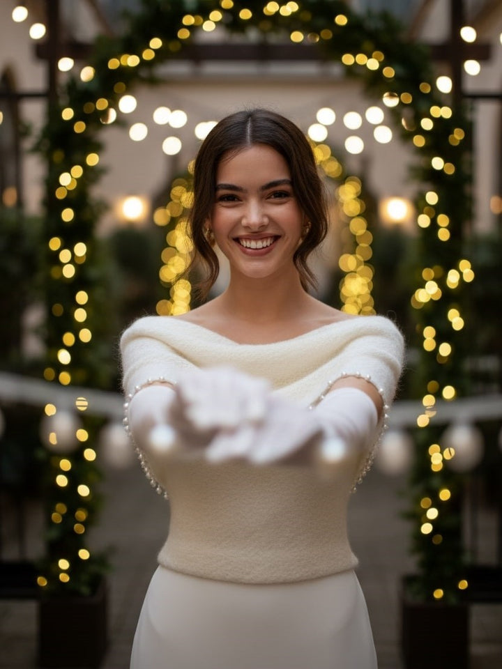 Wedding knit sleeves with pearls wool sweater topper for bridal gown