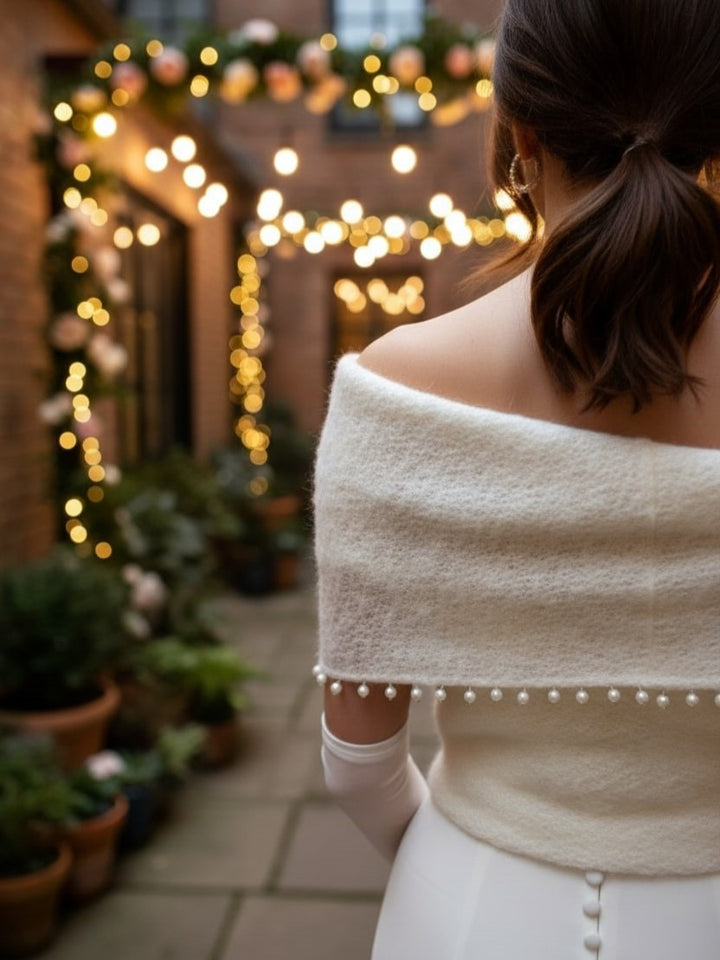 Wedding knit sleeves with pearls wool sweater topper for bridal gown