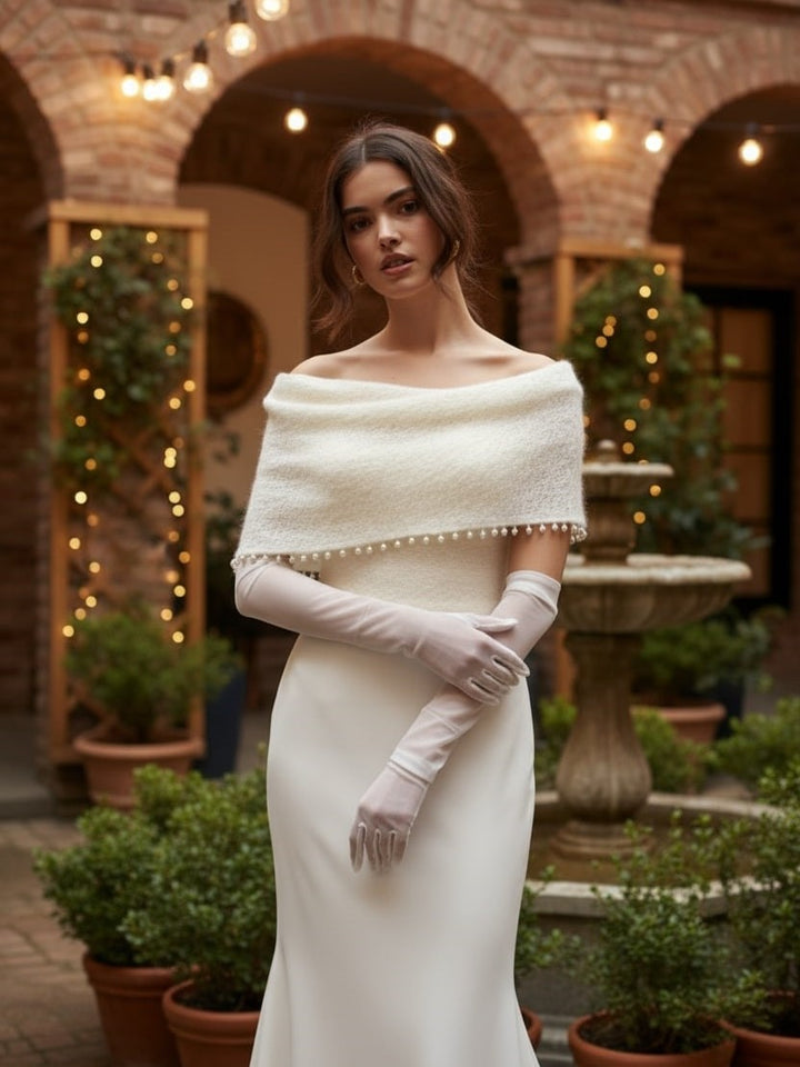 Wedding knit sleeves with pearls wool sweater topper for bridal gown