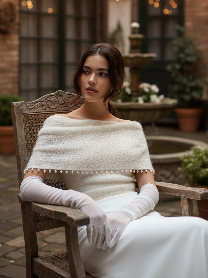 Wedding knit sleeves with pearls wool sweater topper for bridal gown