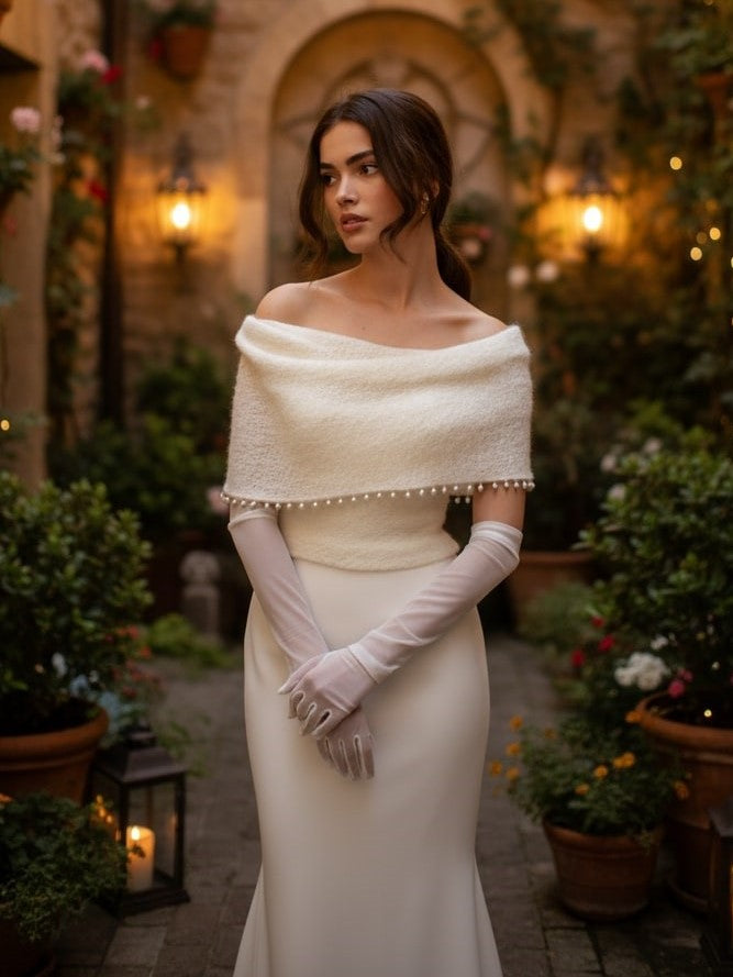 Wedding knit sleeves with pearls wool sweater topper for bridal gown