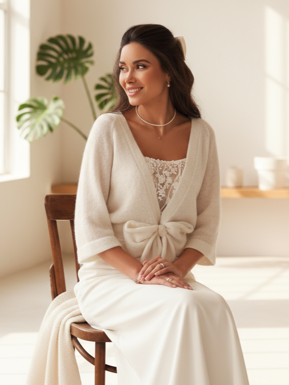 V-neck wrap wedding cream sweater bride cardigan with bow