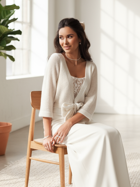 V-neck wrap wedding cream sweater bride cardigan with bow