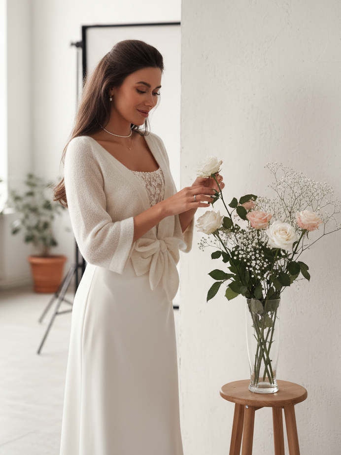 V-neck wrap wedding cream sweater bride cardigan with bow