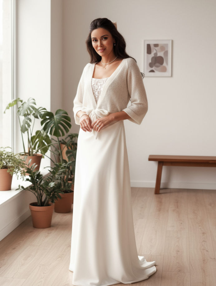 V-neck wrap wedding cream sweater bride cardigan with bow