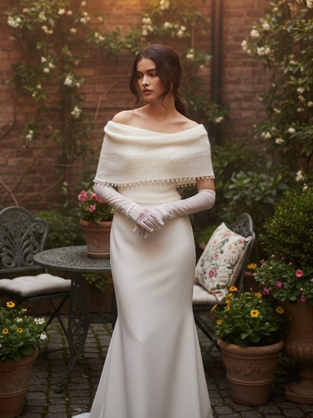 Wedding knit sleeves with pearls wool sweater topper for bridal gown