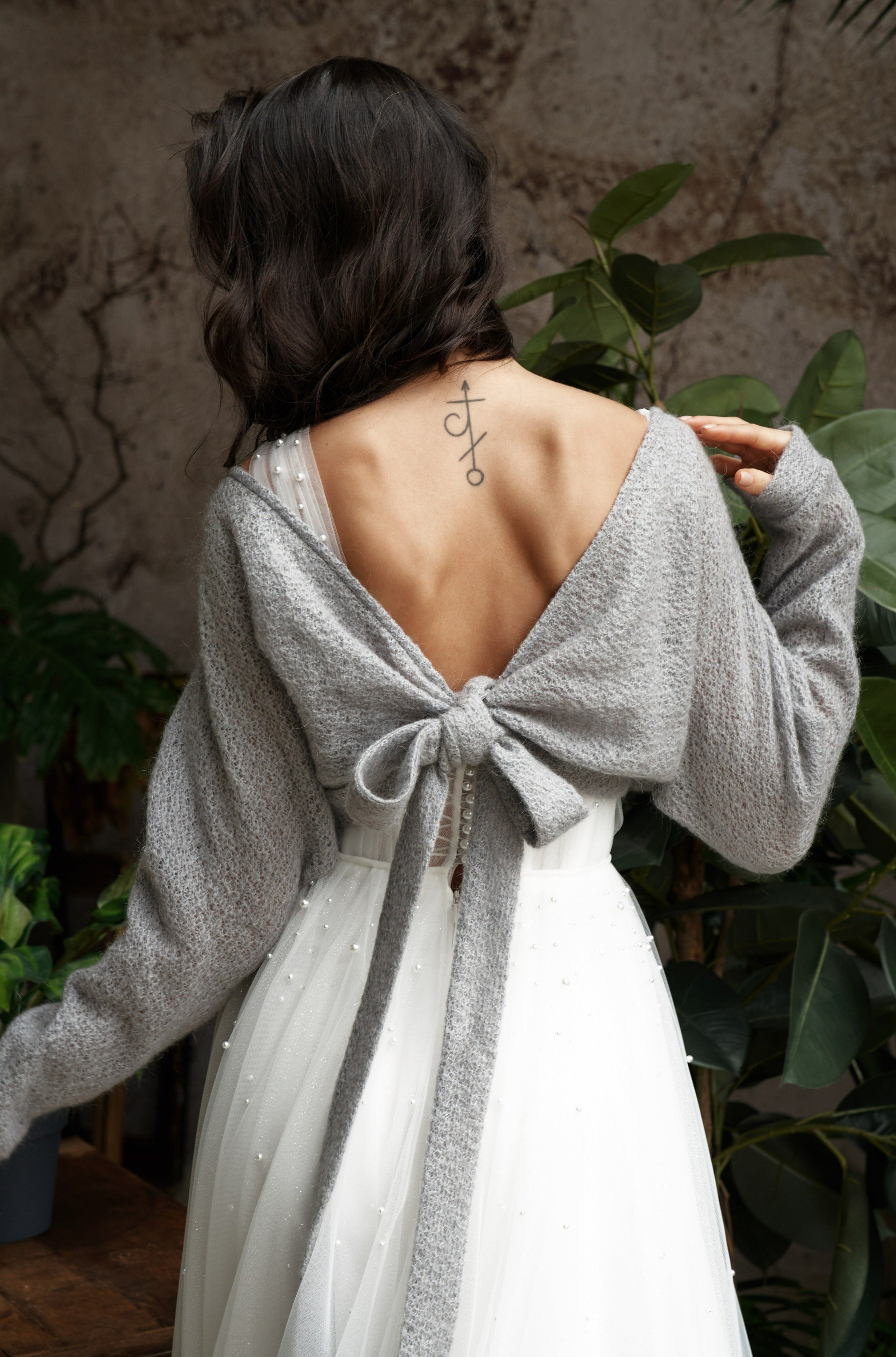 Bridal cardigan for wedding dress. Wool wedding sweater with ties in grey color.