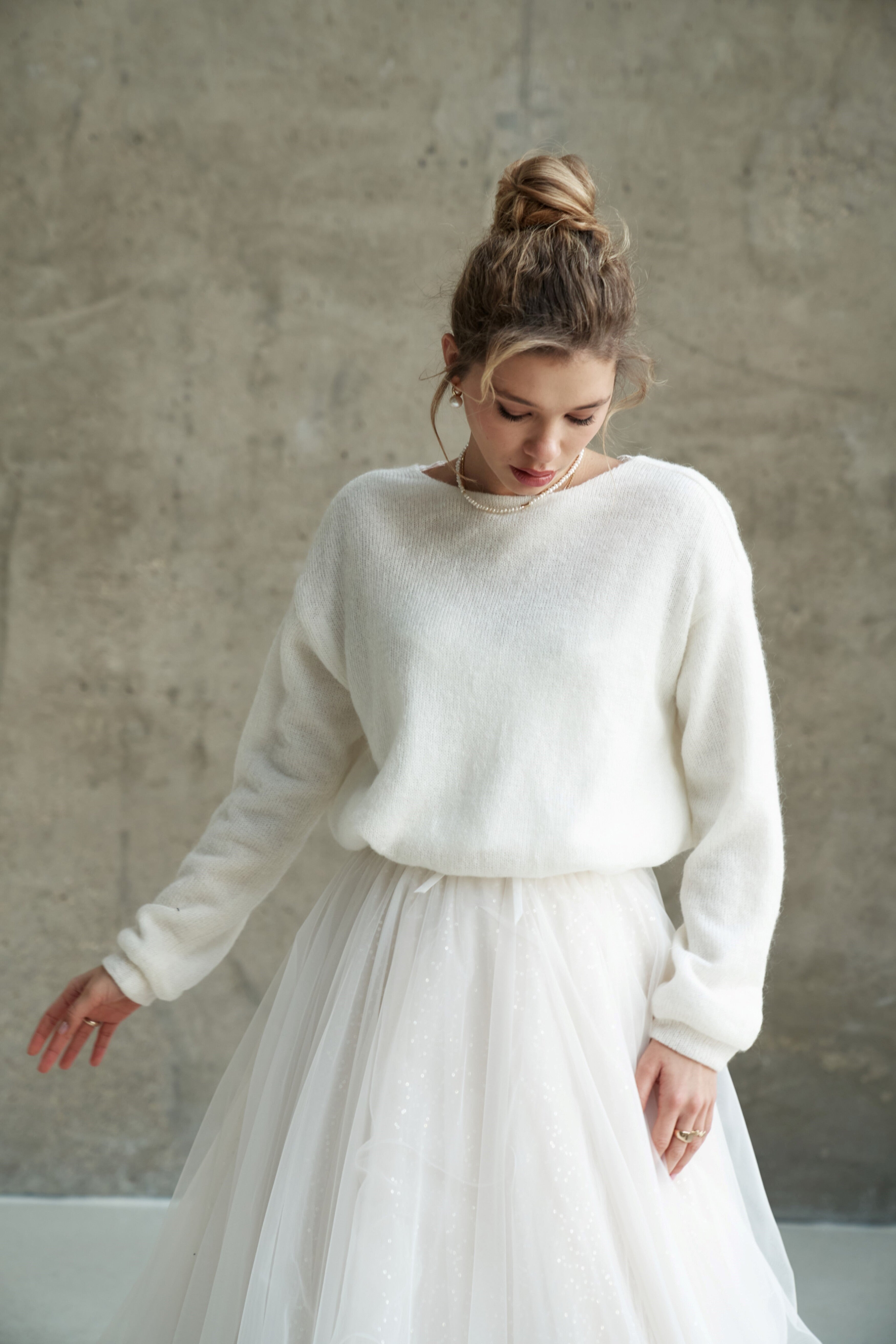 Bridal sweater with lace. Wedding pullover with V-neck.