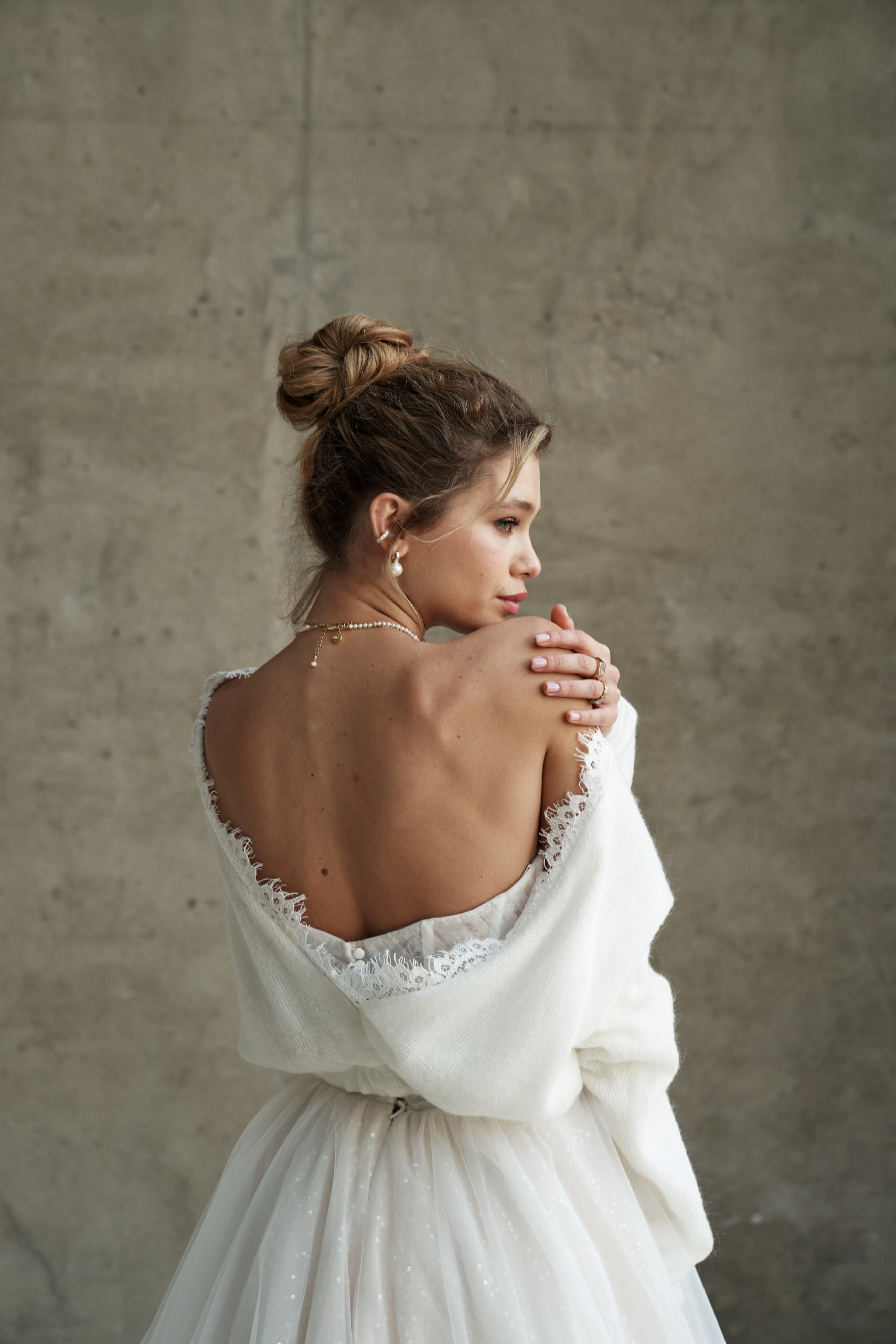 Bridal sweater with lace. Wedding pullover with V-neck.