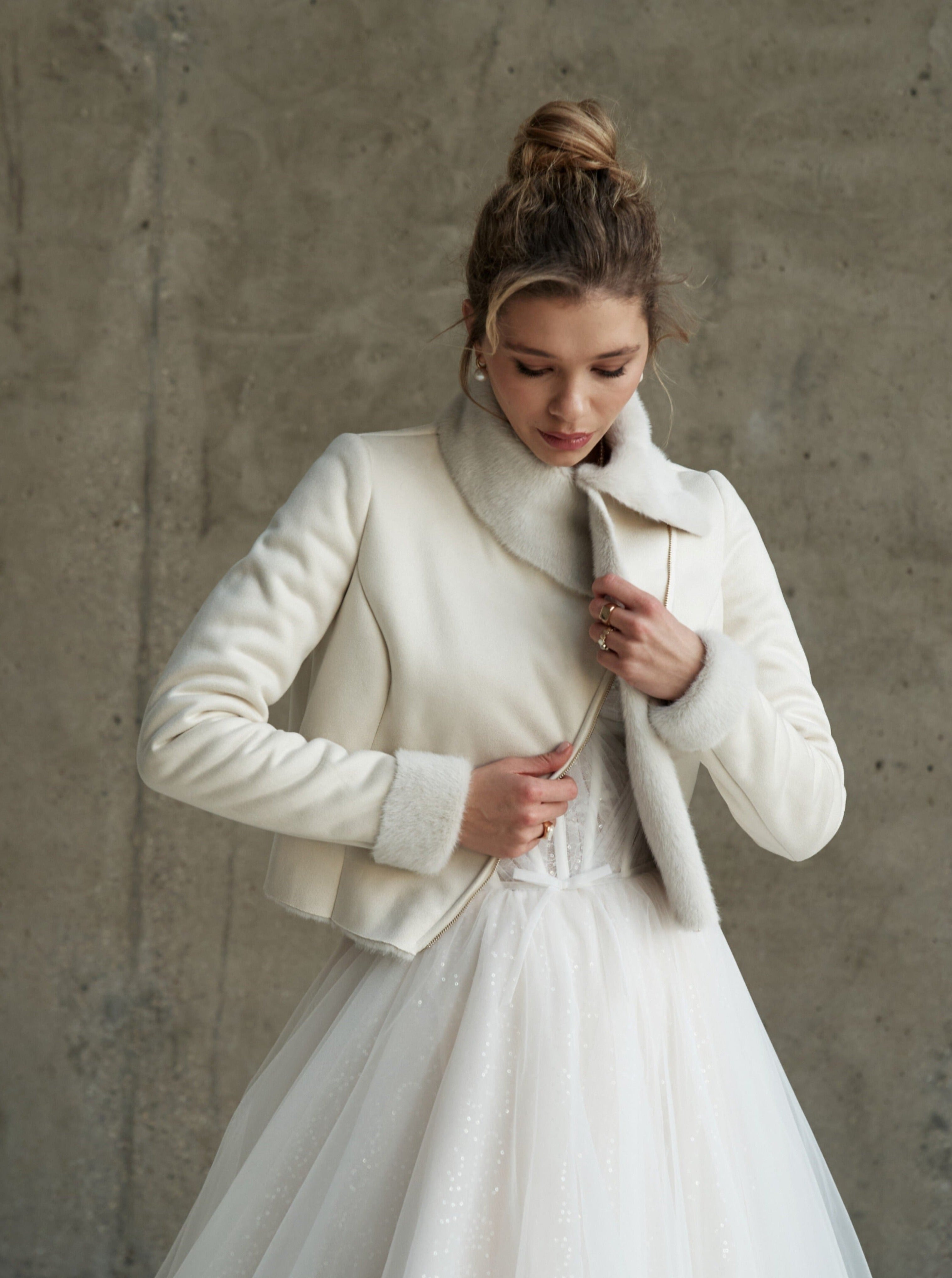 Wedding Bridal Faux Fur Jacket. Wedding sheepskin coat for bride in pearl color.