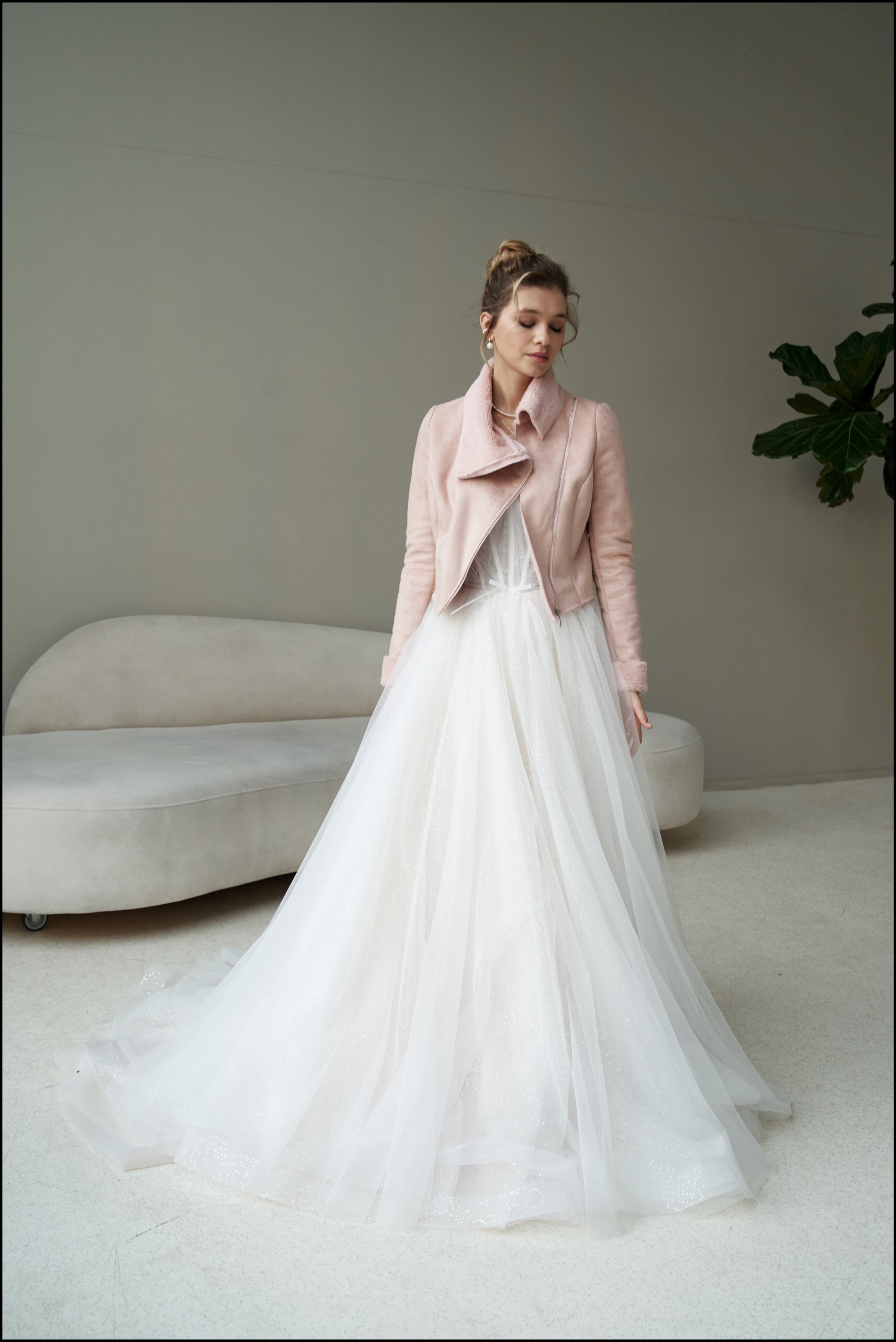 Wedding Bridal Faux Fur Jacket. Wedding sheepskin coat for bride in pink color.