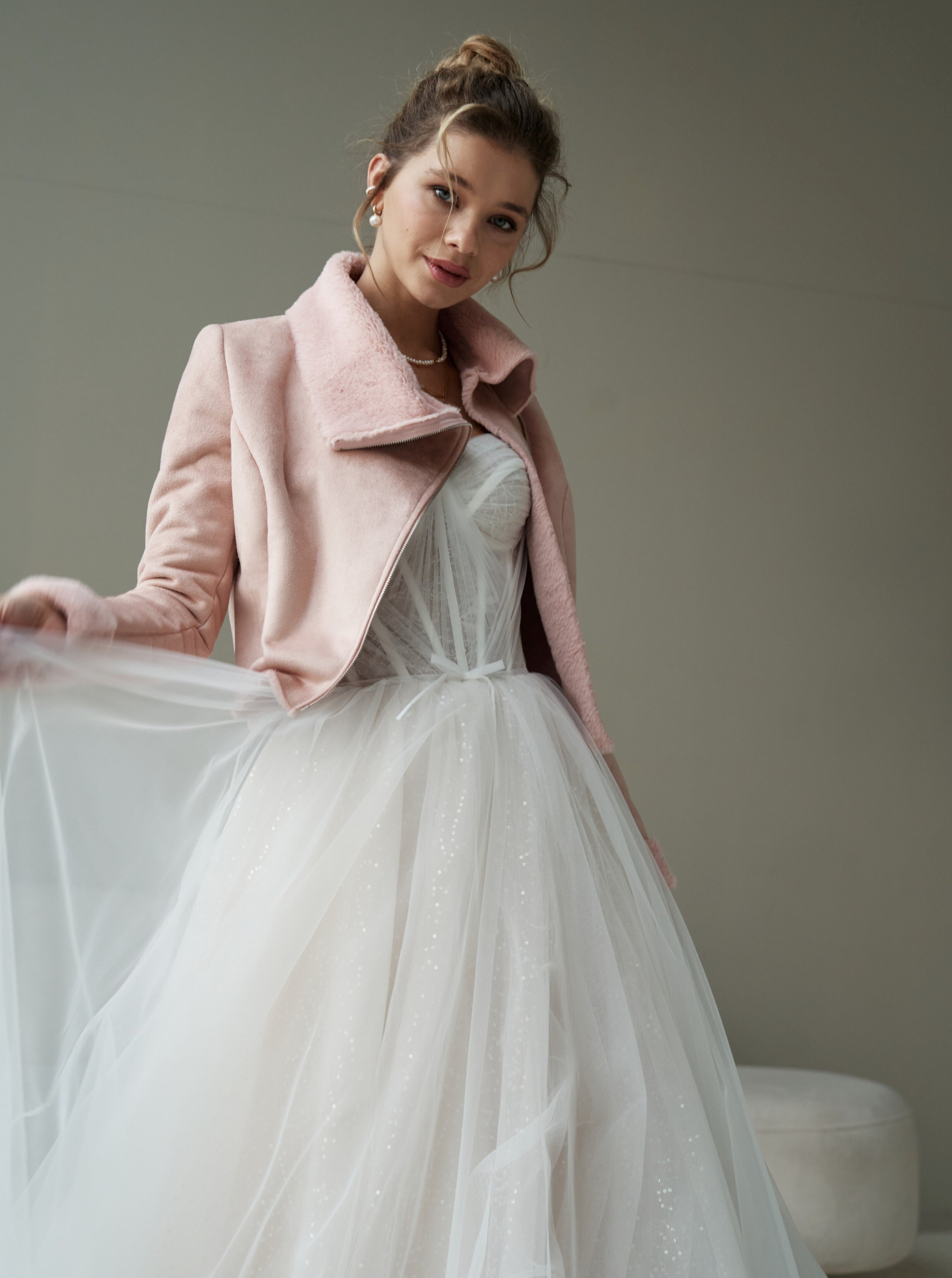 Wedding Bridal Faux Fur Jacket. Wedding sheepskin coat for bride in pink color.