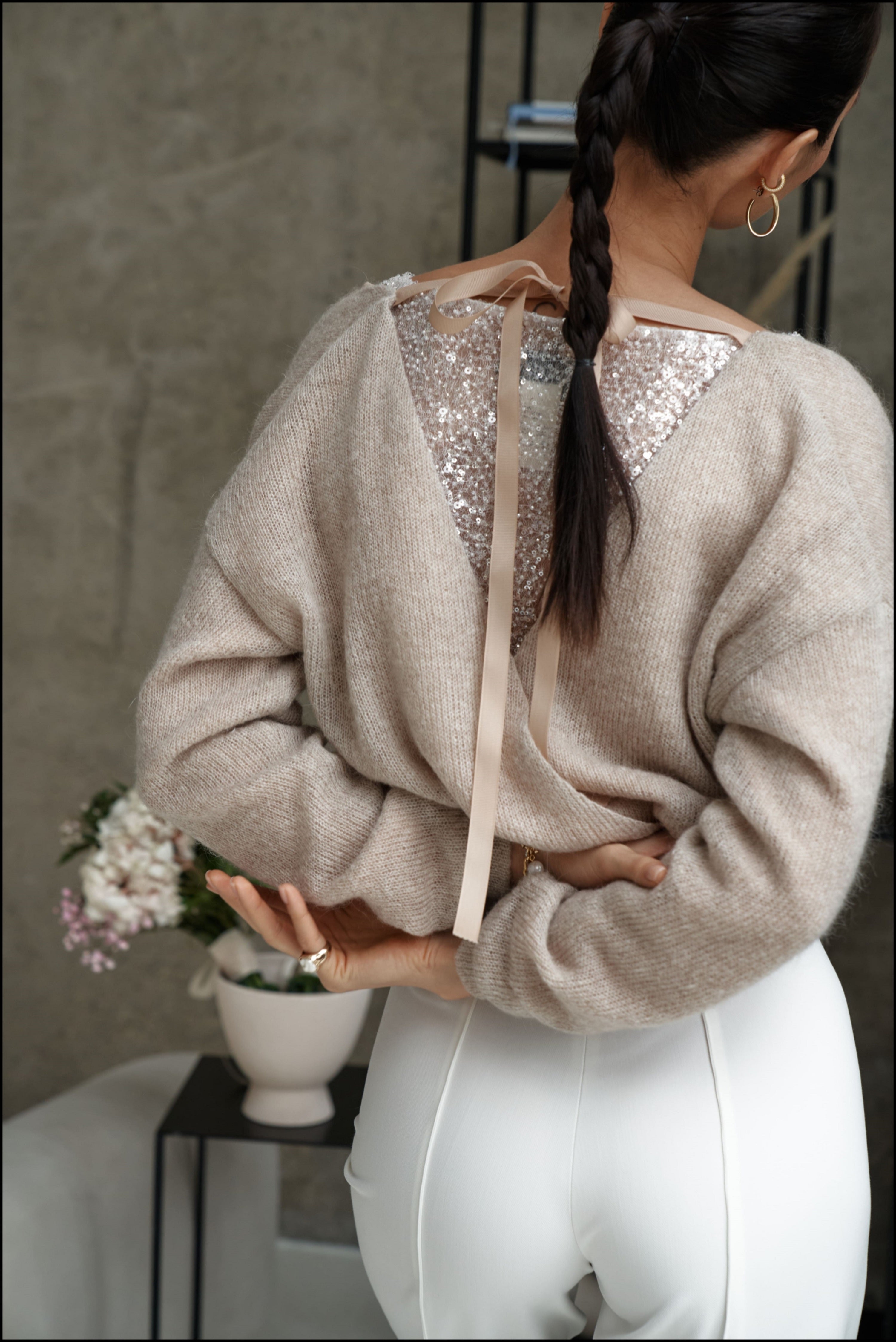 Wedding sweater wıth ribbons in taupe color.