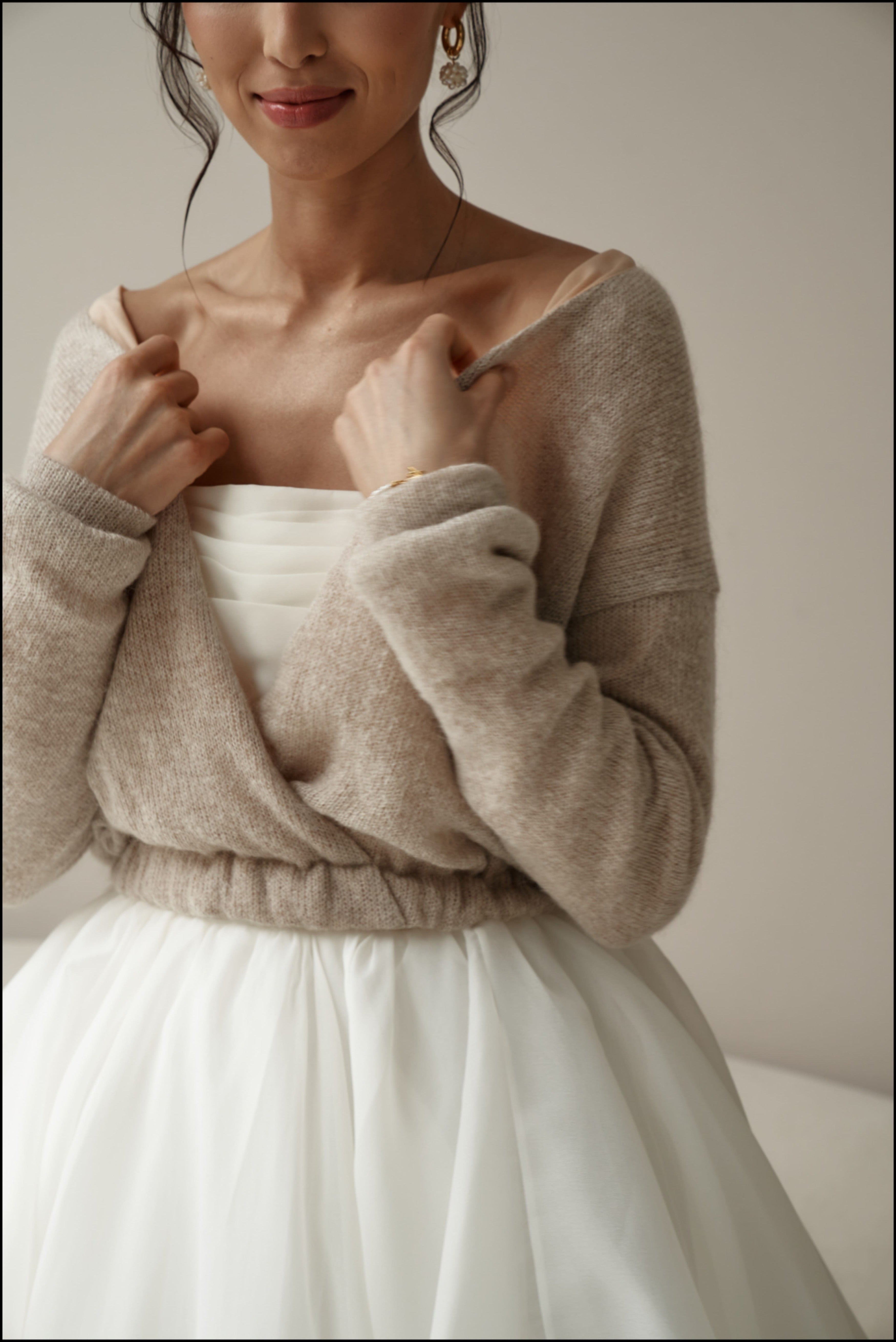 Wedding sweater in taupe color with bow on back. Wedding pullover wıth ribbons