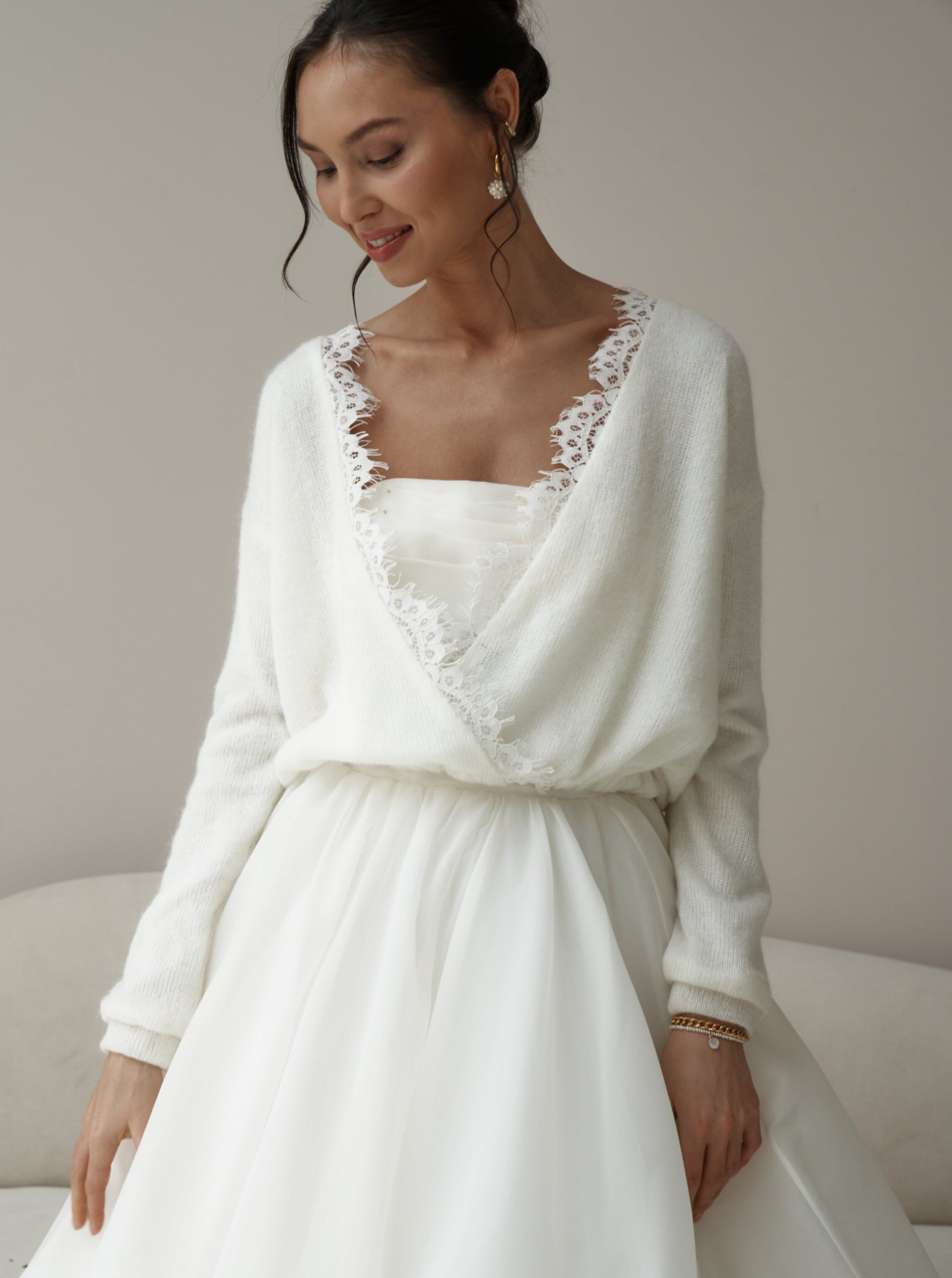 Bridal wool pullover with lace. Wedding sweater with lace.