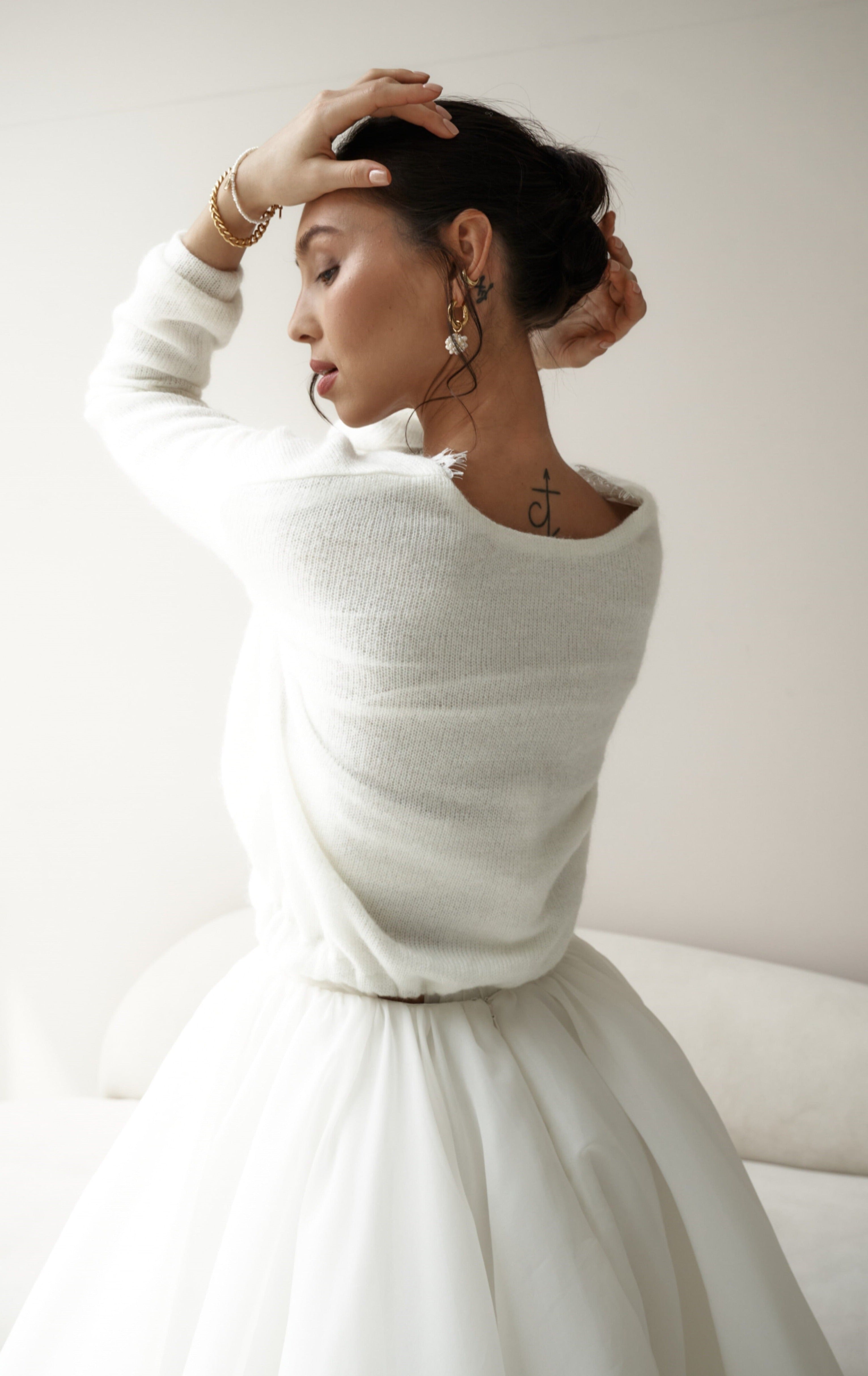 Bridal wool pullover with lace. Wedding sweater with lace.